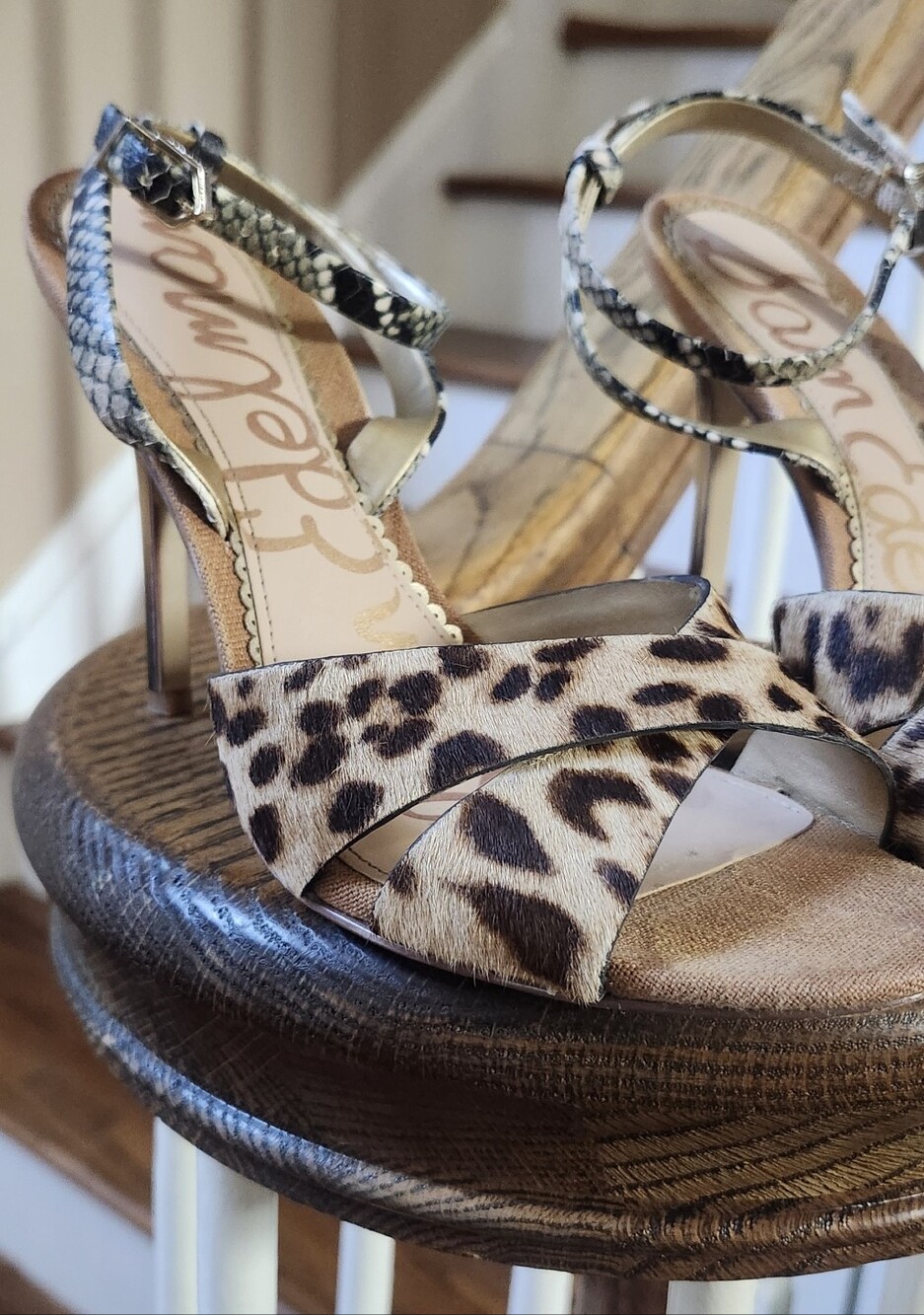 Leopard Print High Heel Sandals with Snake Skin Print Ankle Strap